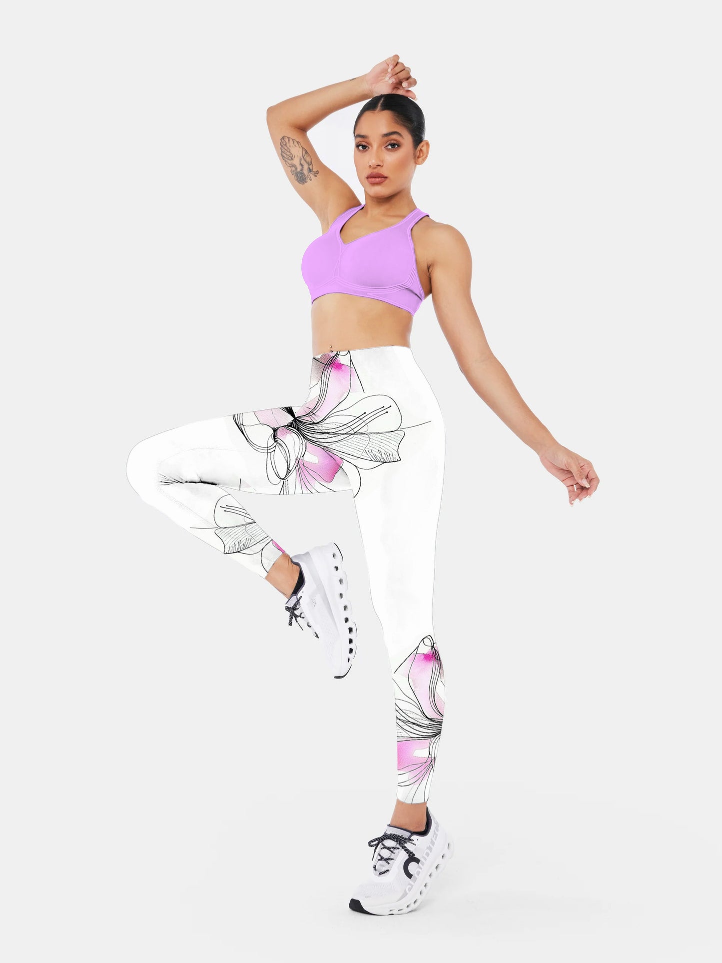 F129 Purple printed yoga leggings white