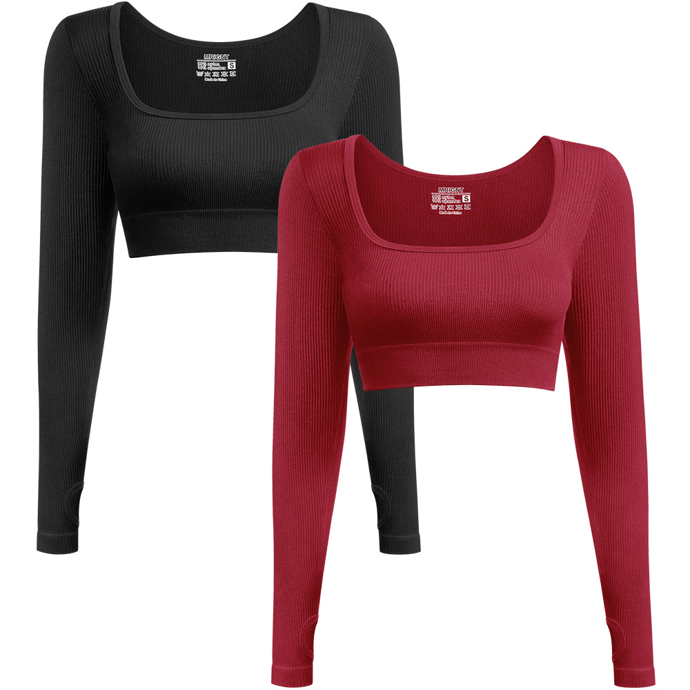 Women's 2 Piece Crop Top Ribbed Seamless Long Sleeve