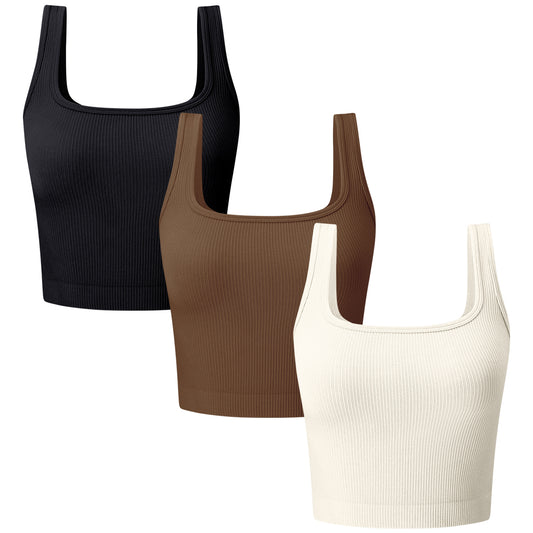 Women's 3 Piece Ribbed Seamless Workout Exercise Yoga Crop Tops