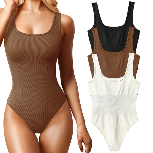 Women's 3 Piece Bodysuits Sexy Ribbed Sleeveless Square Neck