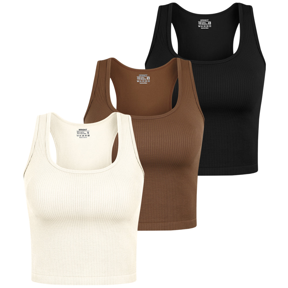 Women's 3 Piece Ribbed Seamless Workout Sleeveless Racer back Crop Tops