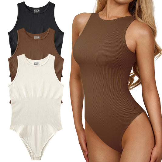 Women's 3 Piece Sexy Ribbed One Piece Sleeveless Neck Bodysuits