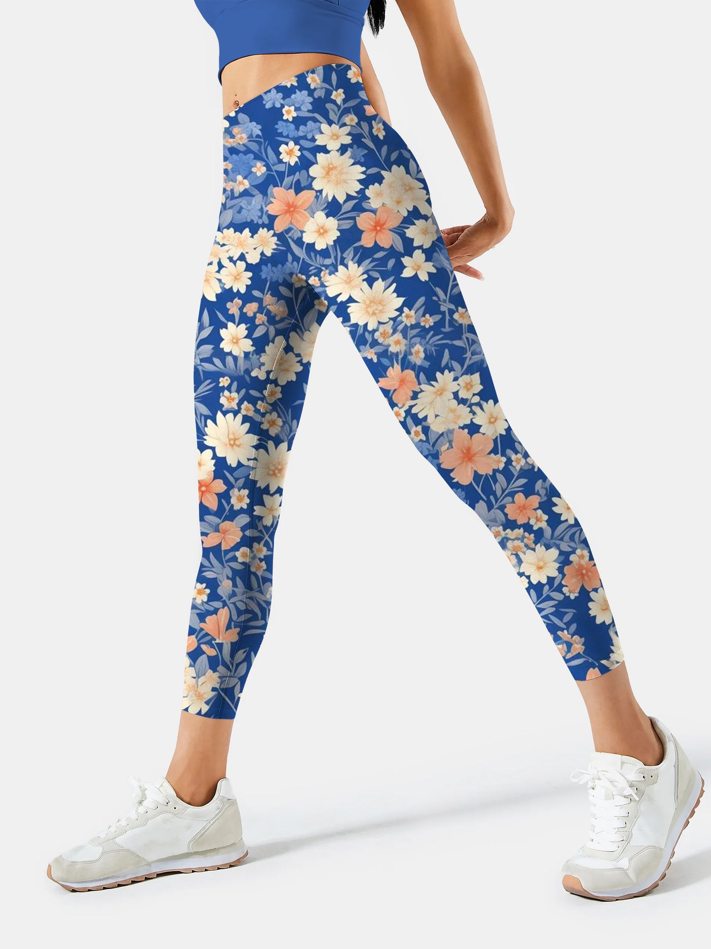 F237 Dark blue with crushed flowers yoga leggings