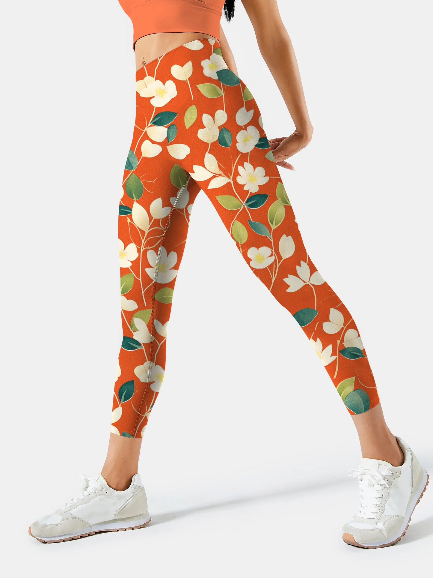 F238 Orange Crushed Flower yoga leggings