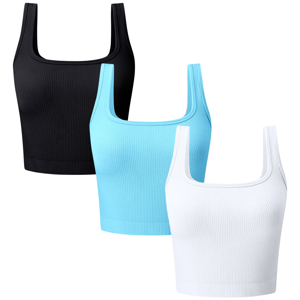 Women's 3 Piece Ribbed Seamless Workout Exercise Yoga Crop Tops