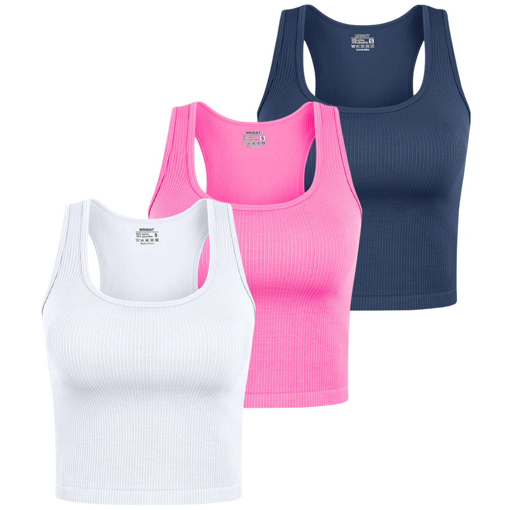 Women's 3 Piece Ribbed Seamless Workout Sleeveless Racer back Crop Tops