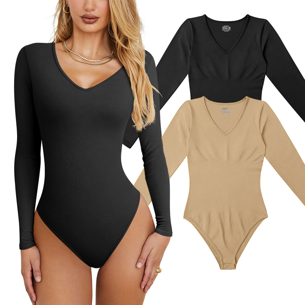 Women's 2 Piece  T Shirt V Neck Long Sleeve Bodysuits