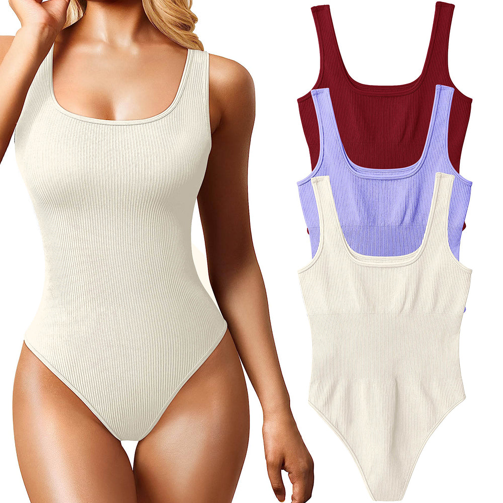 Women's 3 Piece Bodysuits Sexy Ribbed Sleeveless Square Neck