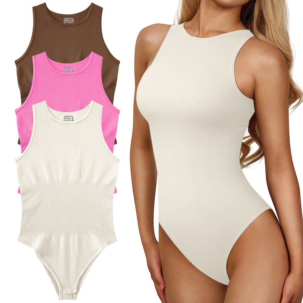 Women's 3 Piece Sexy Ribbed One Piece Sleeveless Neck Bodysuits