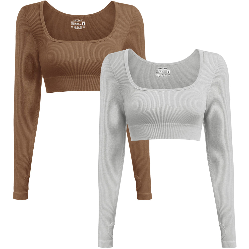 Women's 2 Piece Crop Top Ribbed Seamless Long Sleeve