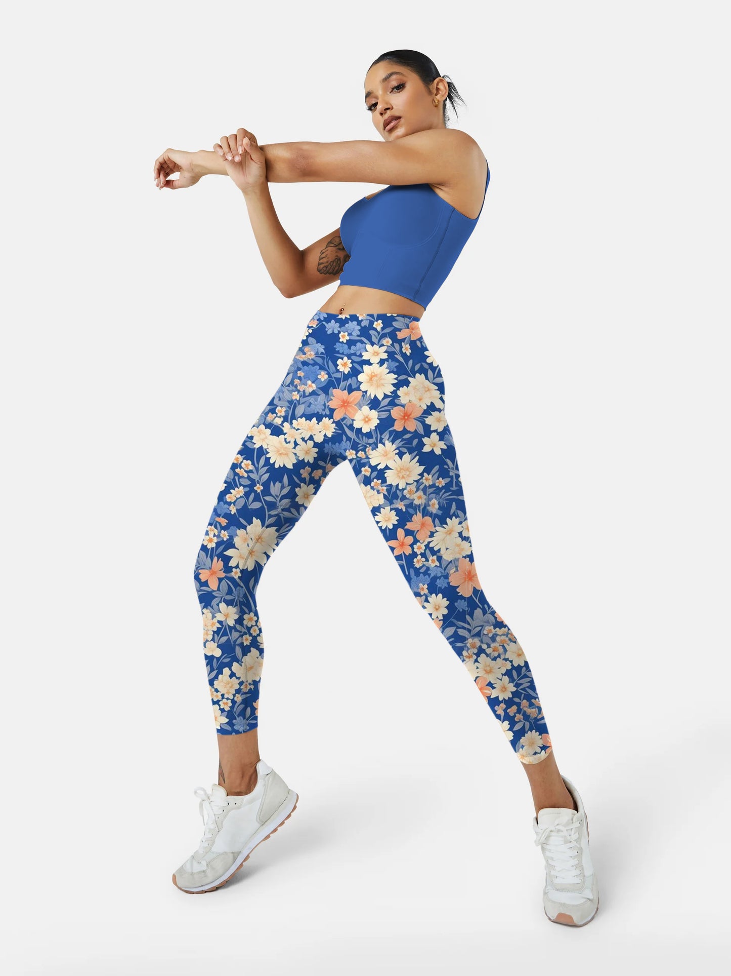 F237 Dark blue with crushed flowers yoga leggings