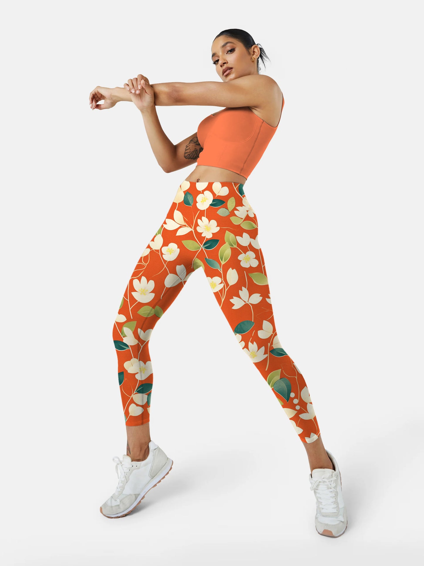 F238 Orange Crushed Flower yoga leggings