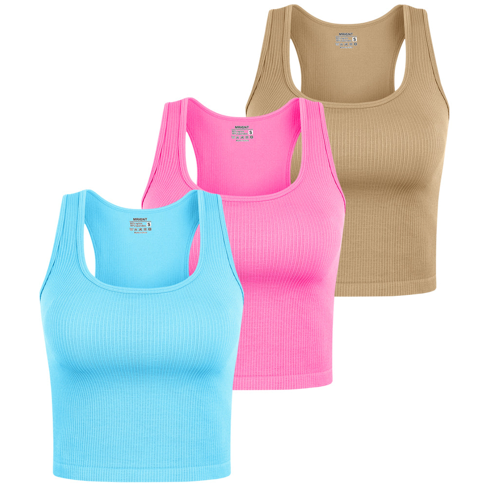 Women's 3 Piece Ribbed Seamless Workout Sleeveless Racer back Crop Tops