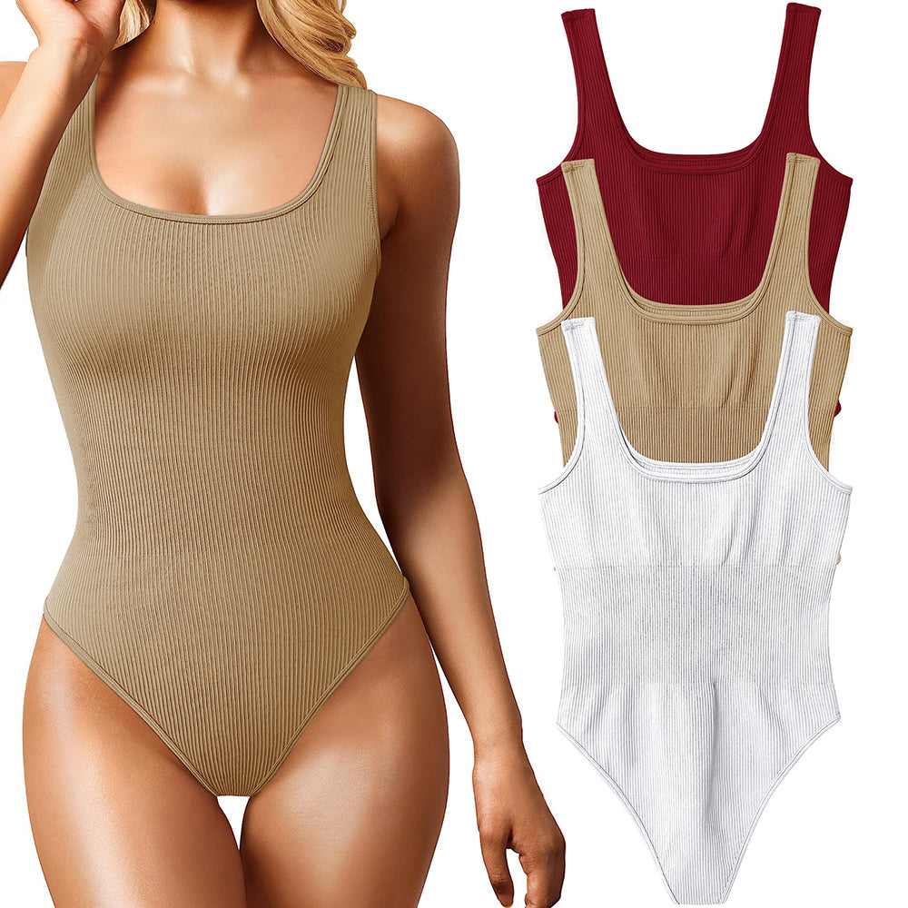 Women's 3 Piece Bodysuits Sexy Ribbed Sleeveless Square Neck