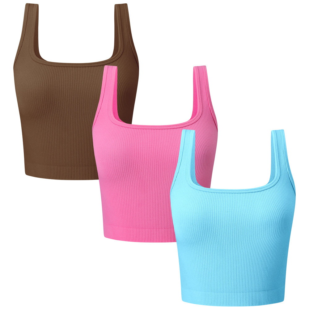 Women's 3 Piece Ribbed Seamless Workout Exercise Yoga Crop Tops