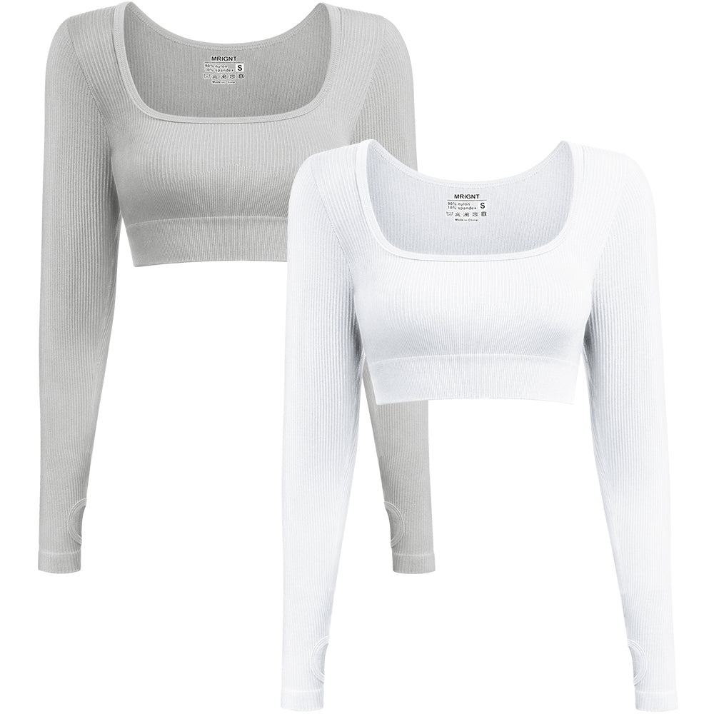 Women's 2 Piece Crop Top Ribbed Seamless Long Sleeve