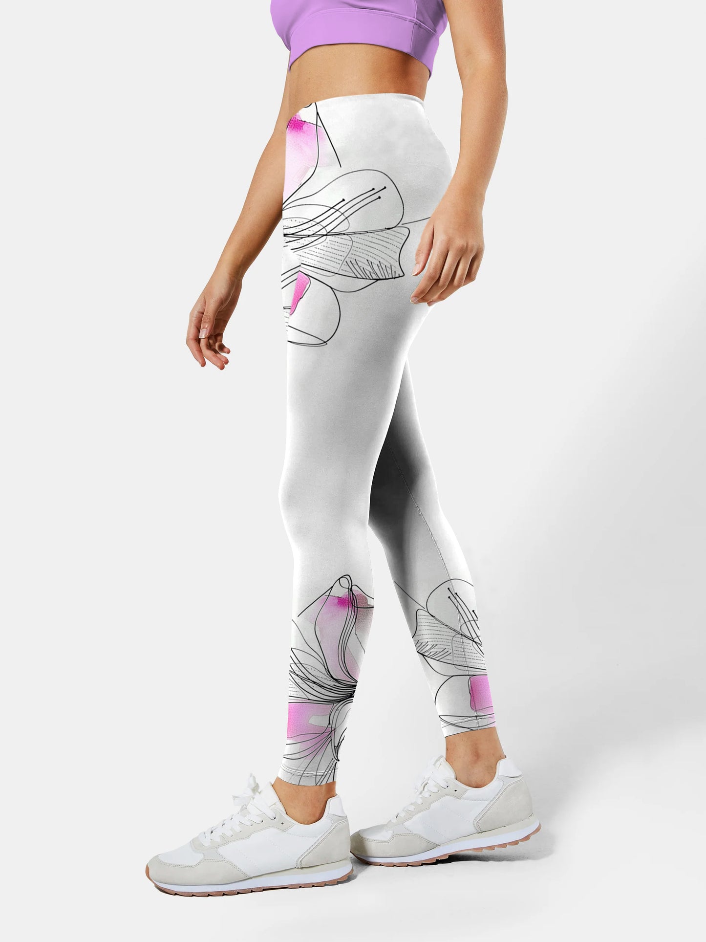 F129 Purple printed yoga leggings white