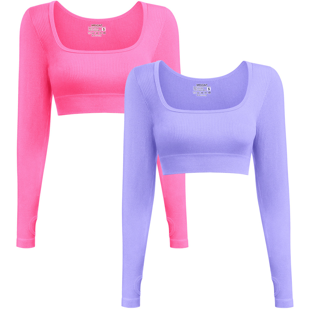 Women's 2 Piece Crop Top Ribbed Seamless Long Sleeve