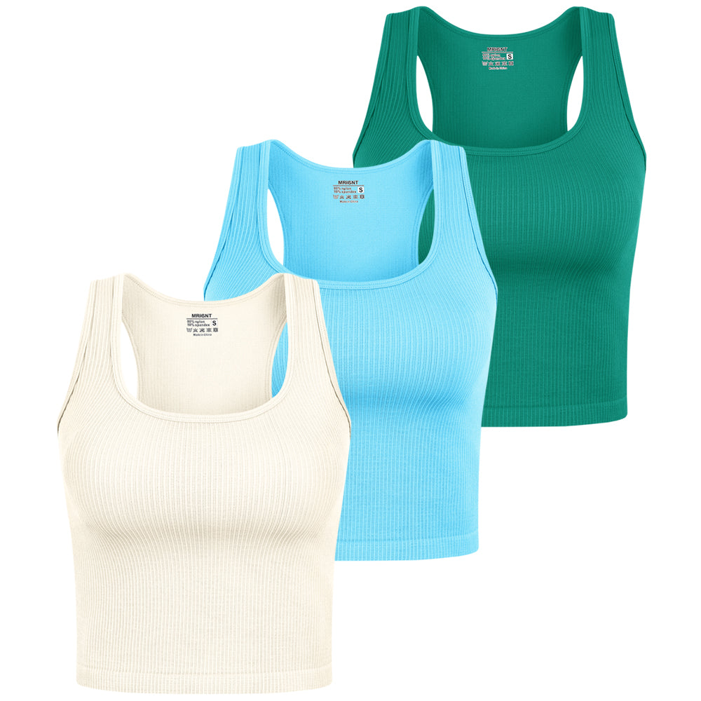 Women's 3 Piece Ribbed Seamless Workout Sleeveless Racer back Crop Tops