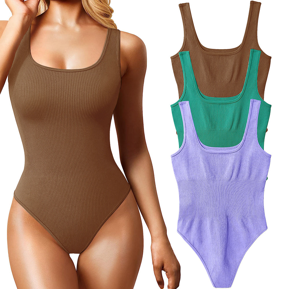 Women's 3 Piece Bodysuits Sexy Ribbed Sleeveless Square Neck