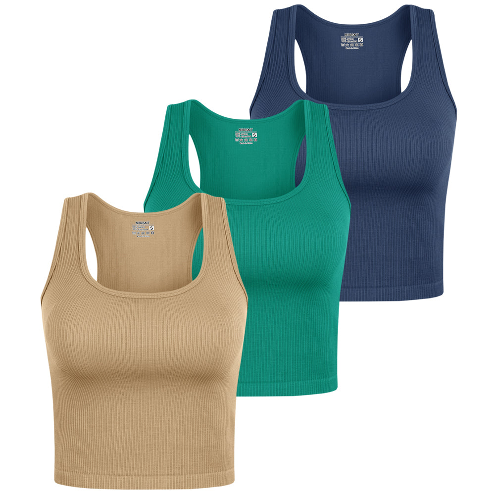 Women's 3 Piece Ribbed Seamless Workout Sleeveless Racer back Crop Tops