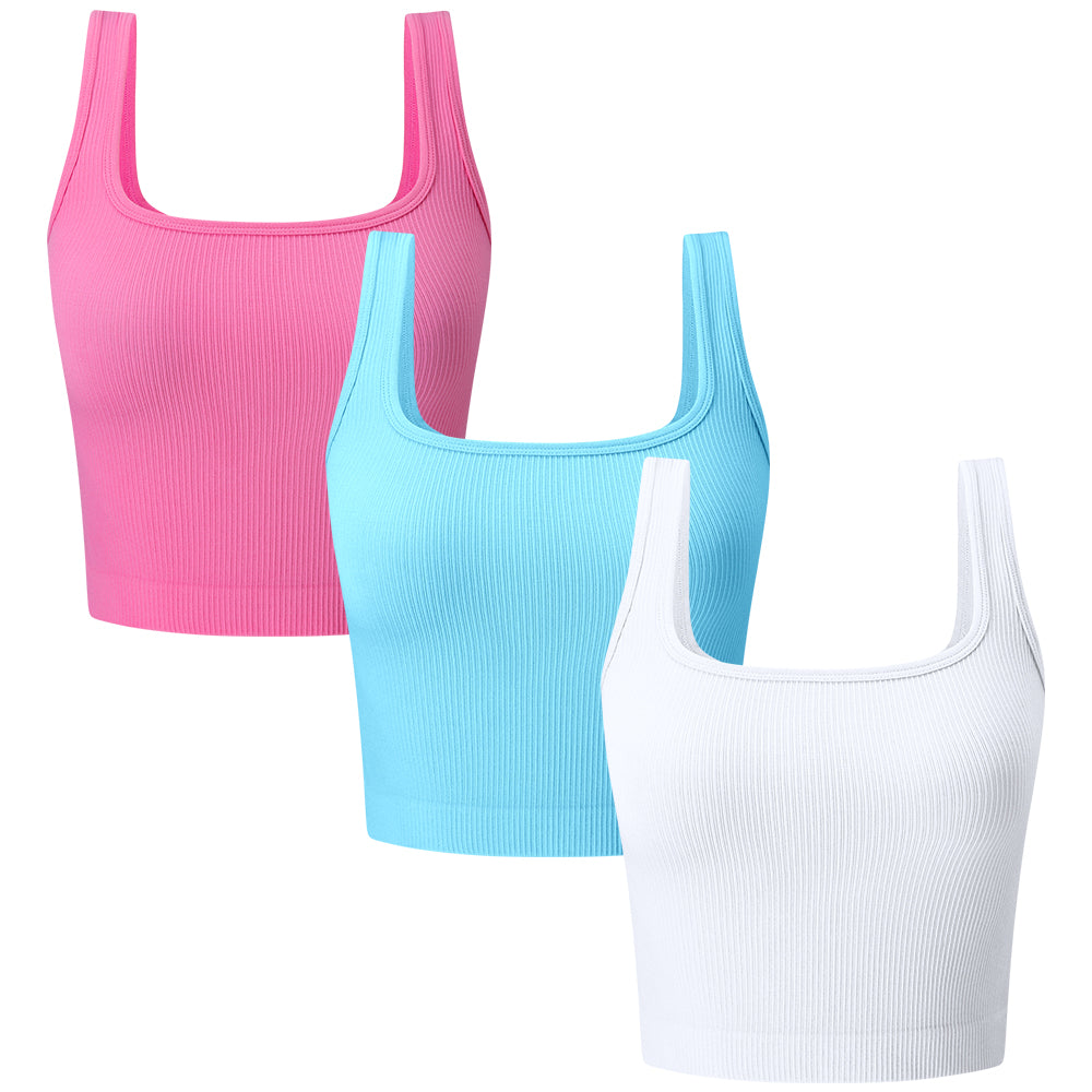 Women's 3 Piece Ribbed Seamless Workout Exercise Yoga Crop Tops