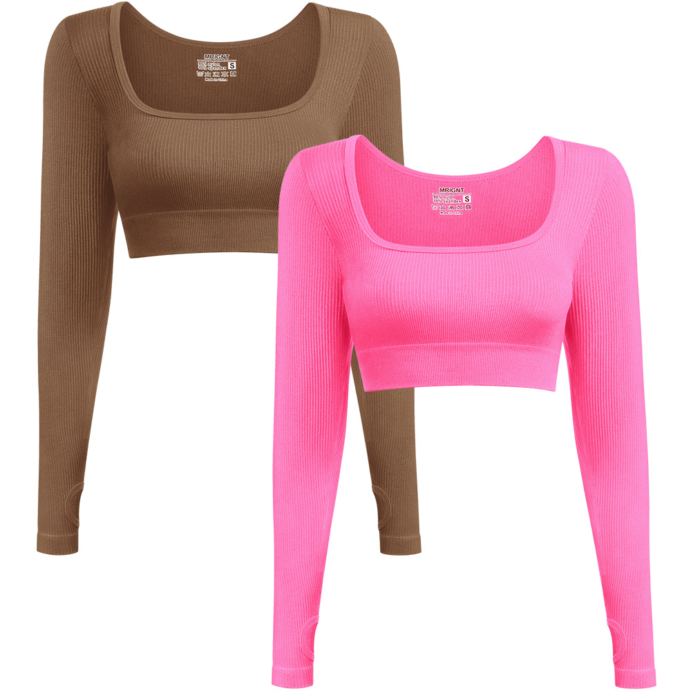 Women's 2 Piece Crop Top Ribbed Seamless Long Sleeve