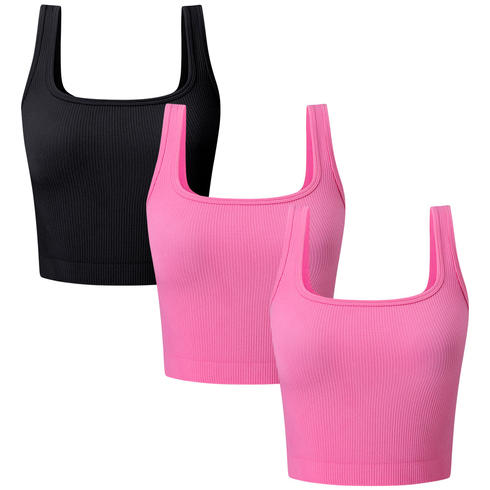 Women's 3 Piece Ribbed Seamless Workout Exercise Yoga Crop Tops