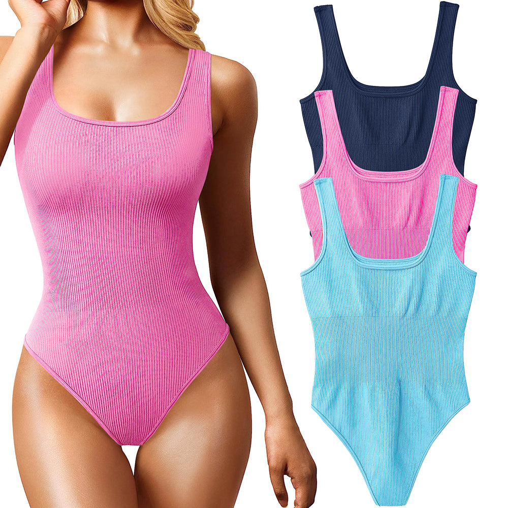 Women's 3 Piece Bodysuits Sexy Ribbed Sleeveless Square Neck