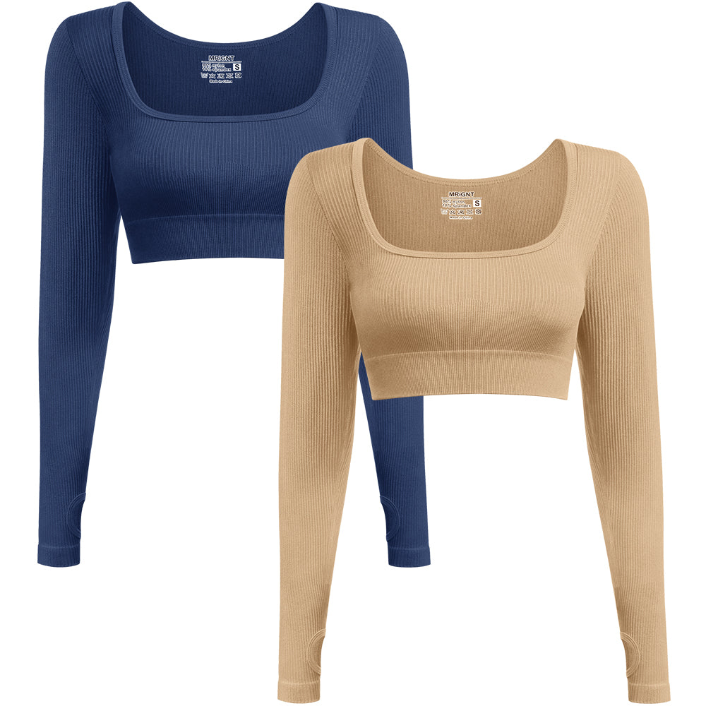 Women's 2 Piece Crop Top Ribbed Seamless Long Sleeve