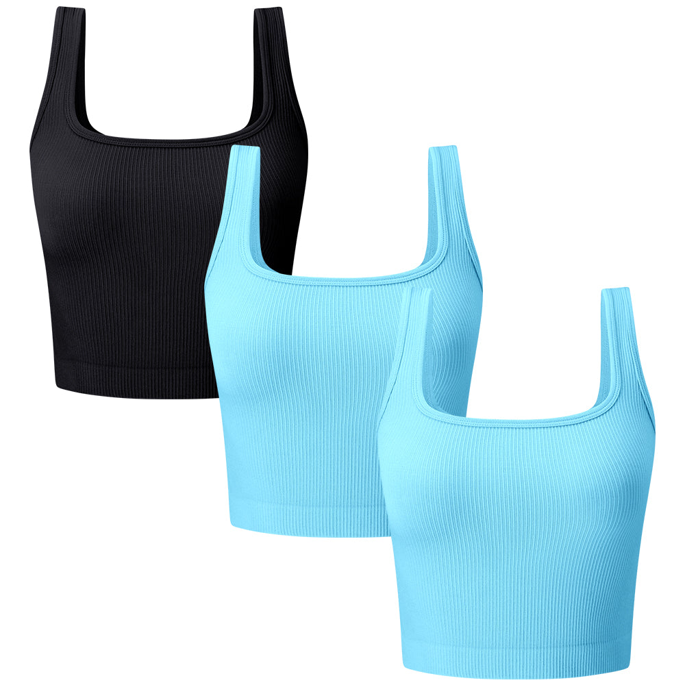 Women's 3 Piece Ribbed Seamless Workout Exercise Yoga Crop Tops