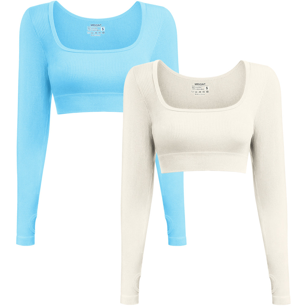 Women's 2 Piece Crop Top Ribbed Seamless Long Sleeve